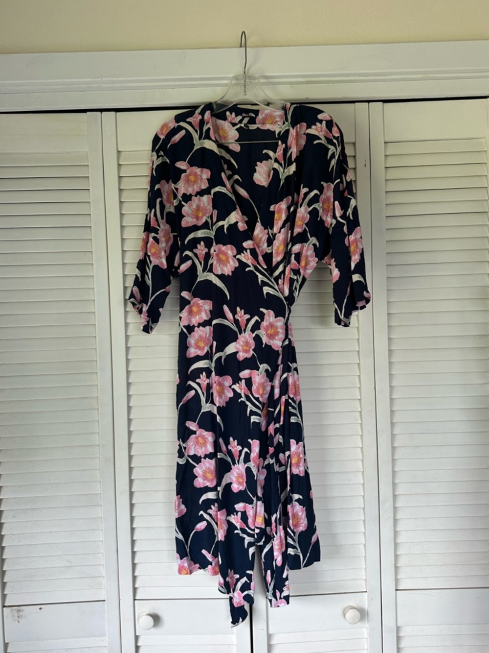Roxy Black Midi Wrap Dress with Pink Floral Print